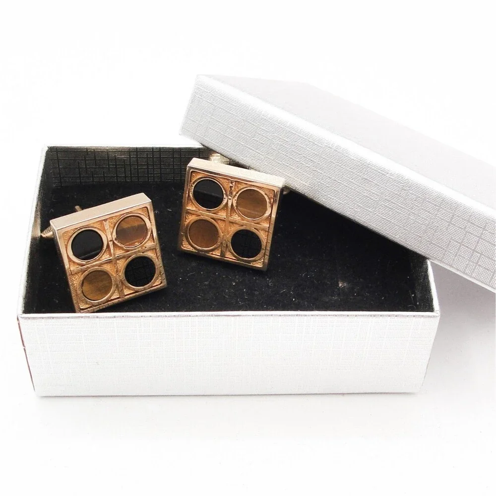 Vintage Swank Tiger Eye Black Onyx Cufflinks Square Checkerboard Geometric MCM